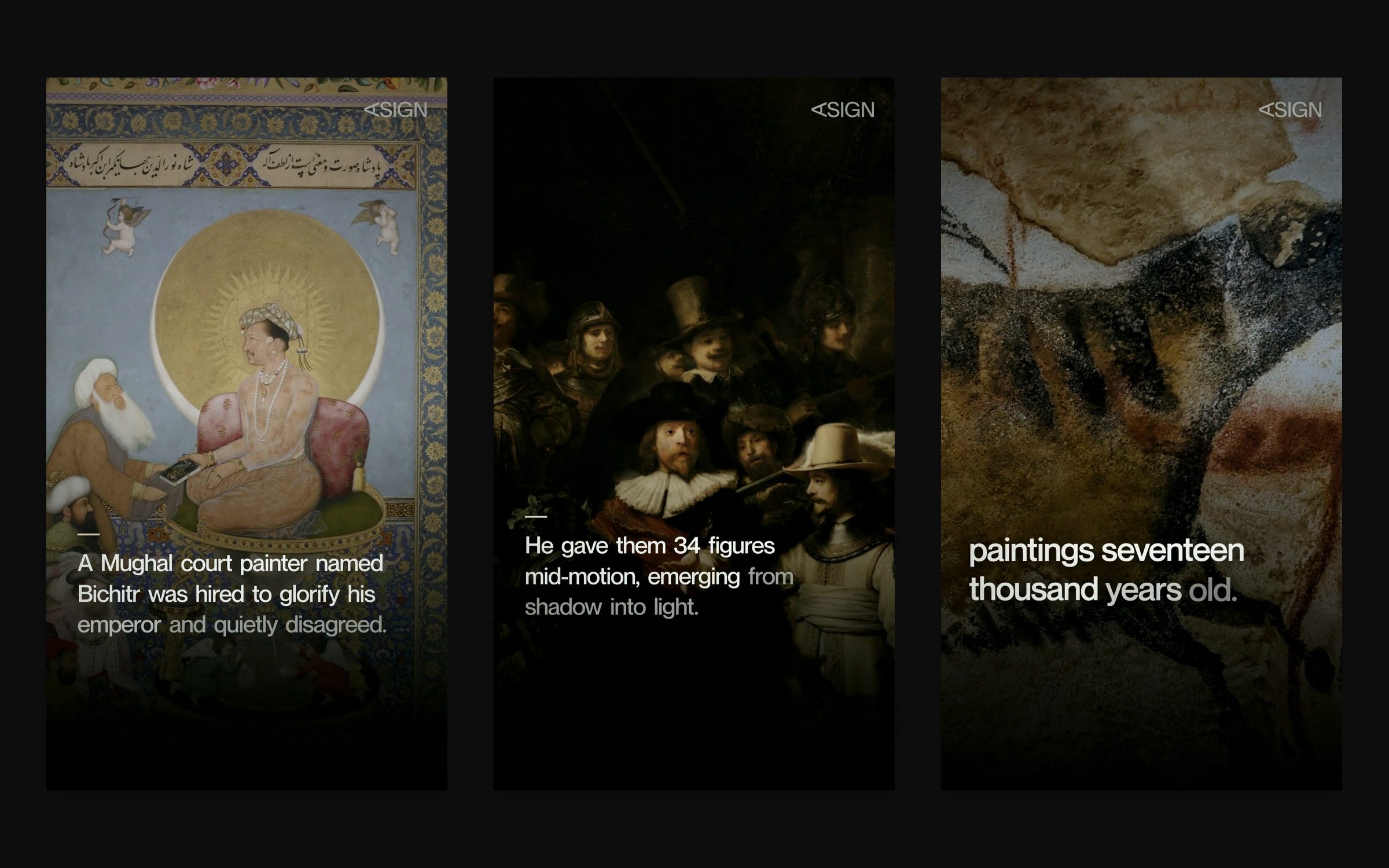 Three Asign Instagram reels made by the reels engine, on Bichitr, The Night Watch and Lascaux