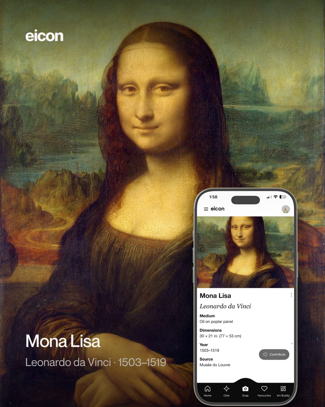 Eicon carousel slide showing the Mona Lisa recognised in the app