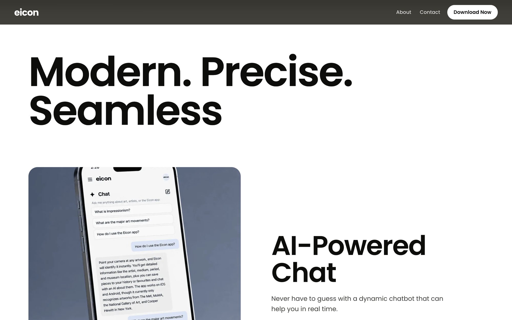 Eicon website section on the AI-powered chat feature