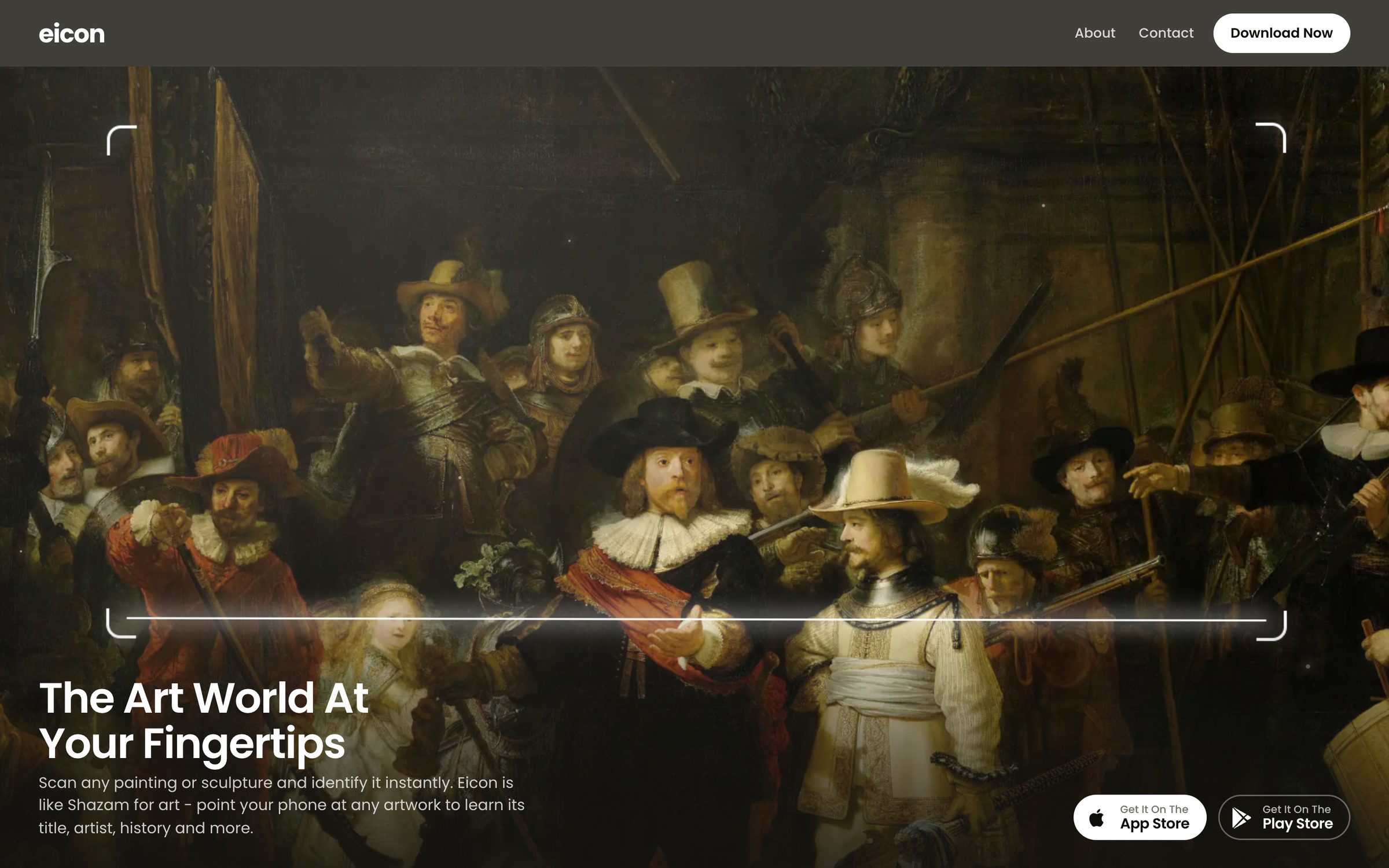Eicon website homepage with The Night Watch painting and app store buttons