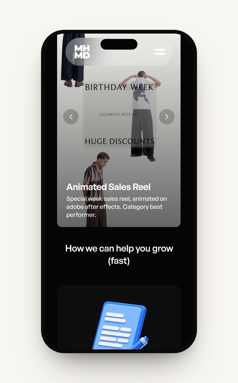 MHMD Creative website on a phone