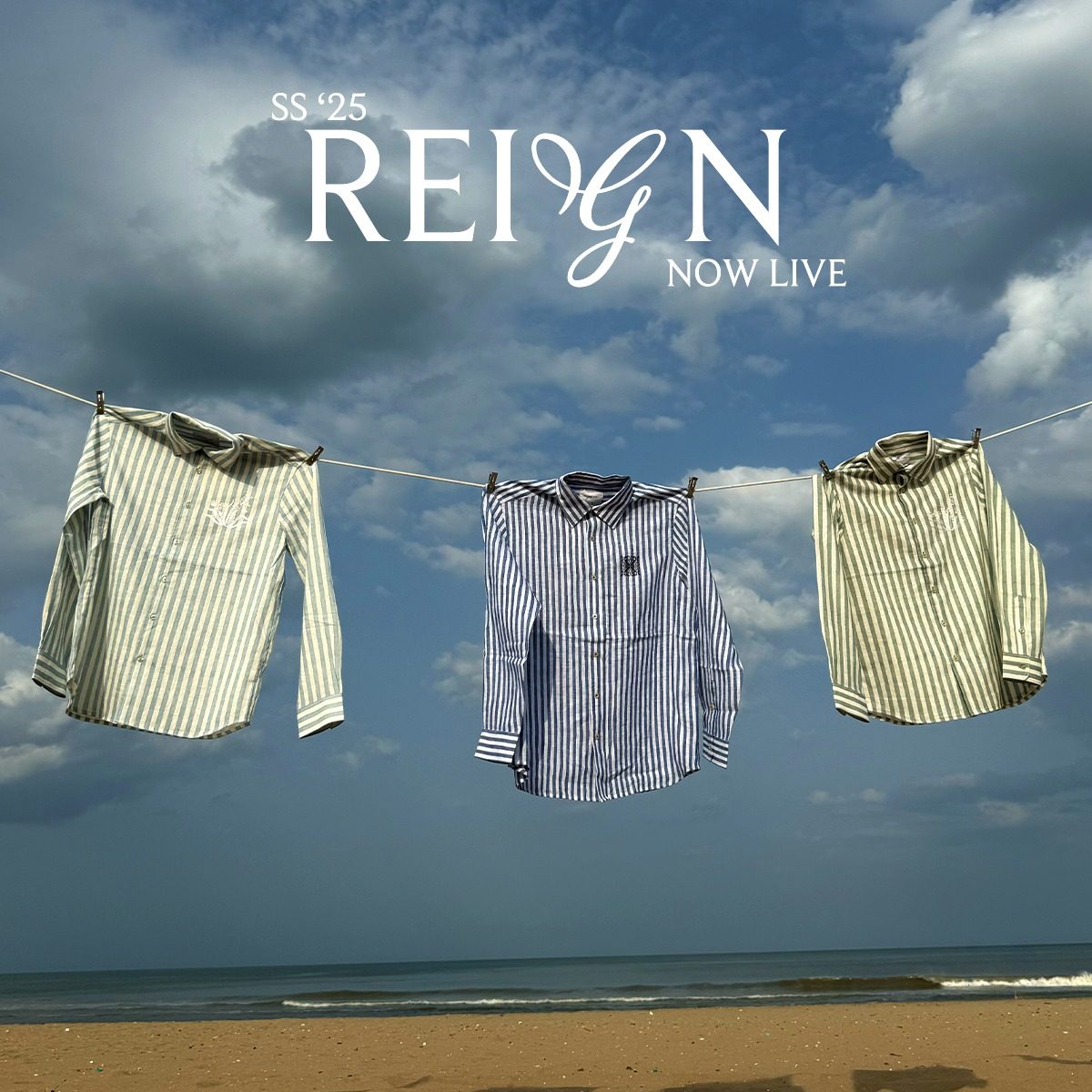 No Grey Area collection launch ad with shirts strung over a beach
