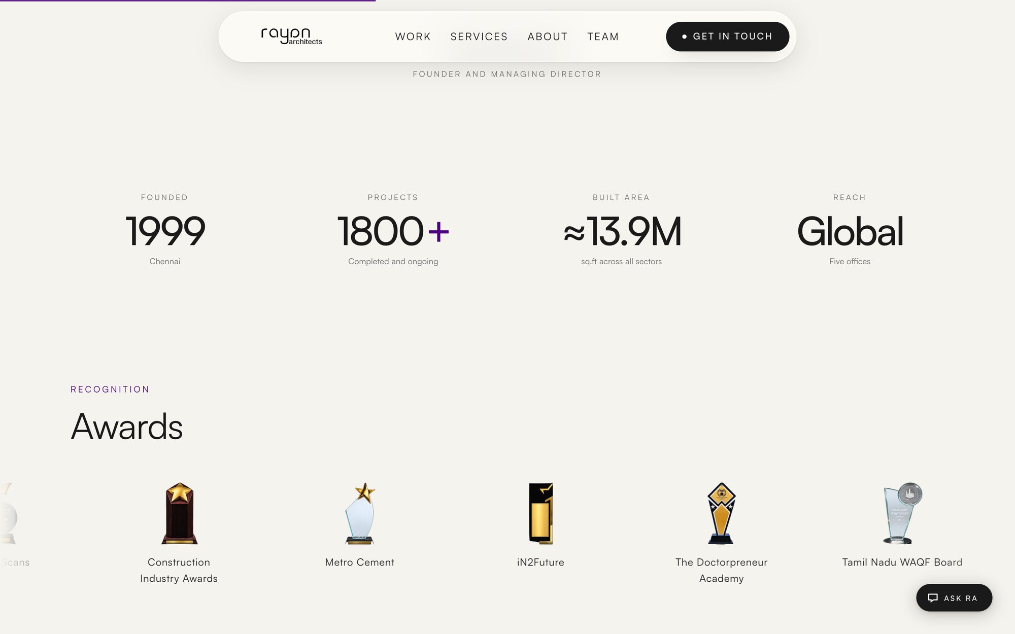 Rayan Architects website section listing the practice's numbers and awards