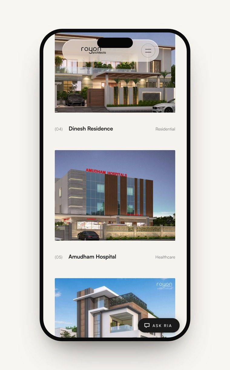Rayan Architects website on a phone