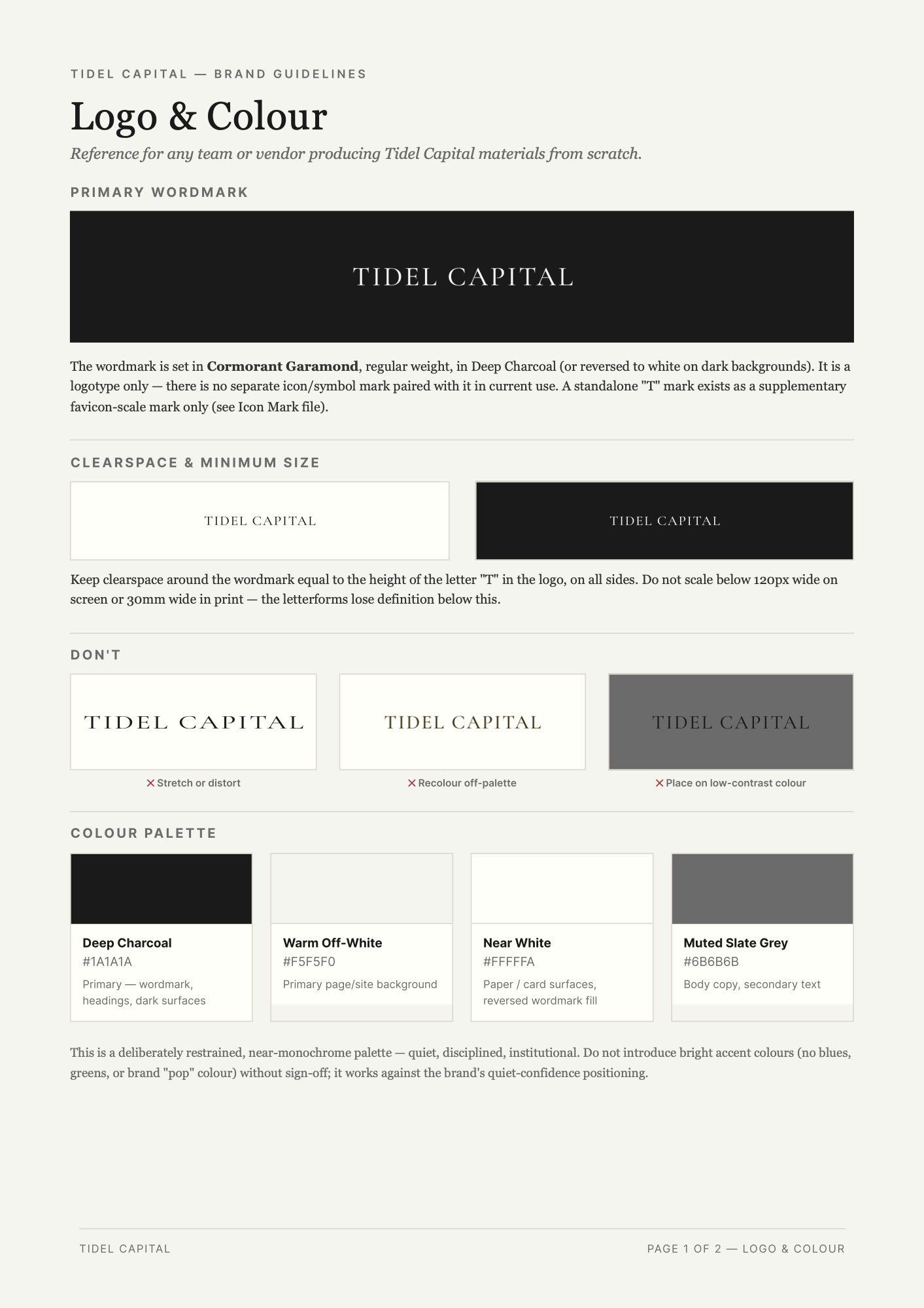 Tidel Capital brand guidelines page covering logo and colour