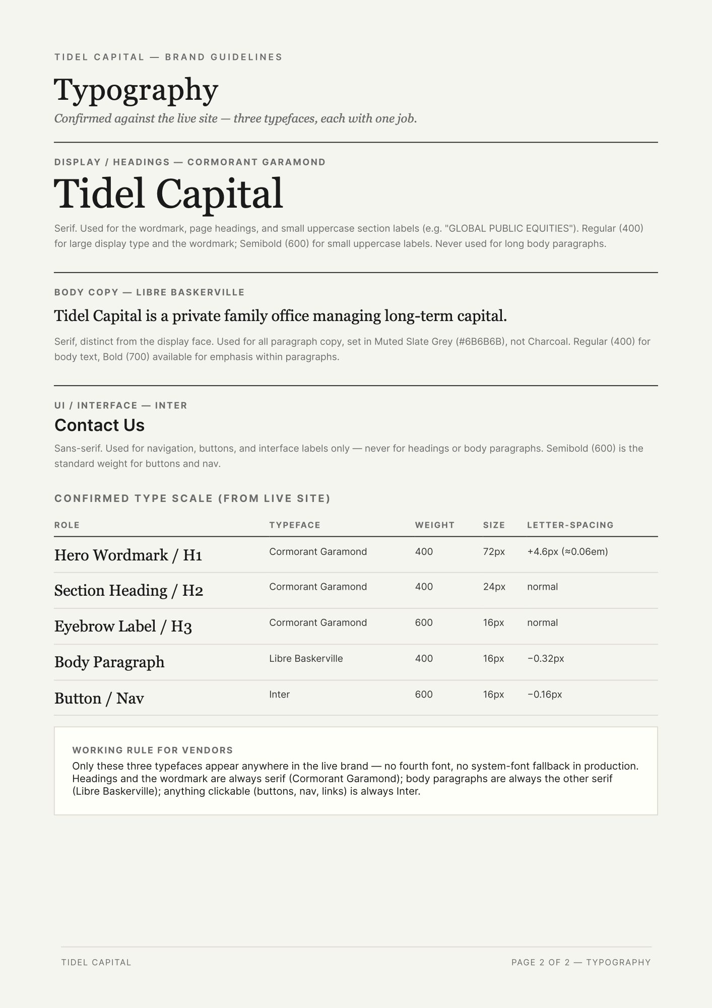 Tidel Capital brand guidelines page covering typography