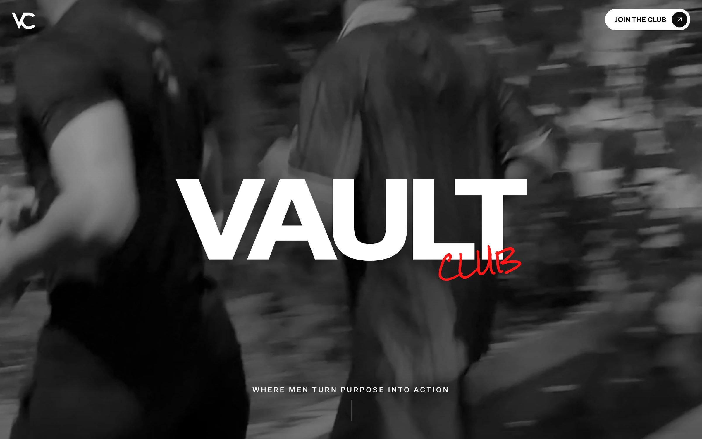 Vault Club website homepage with the VAULT wordmark over runners in motion